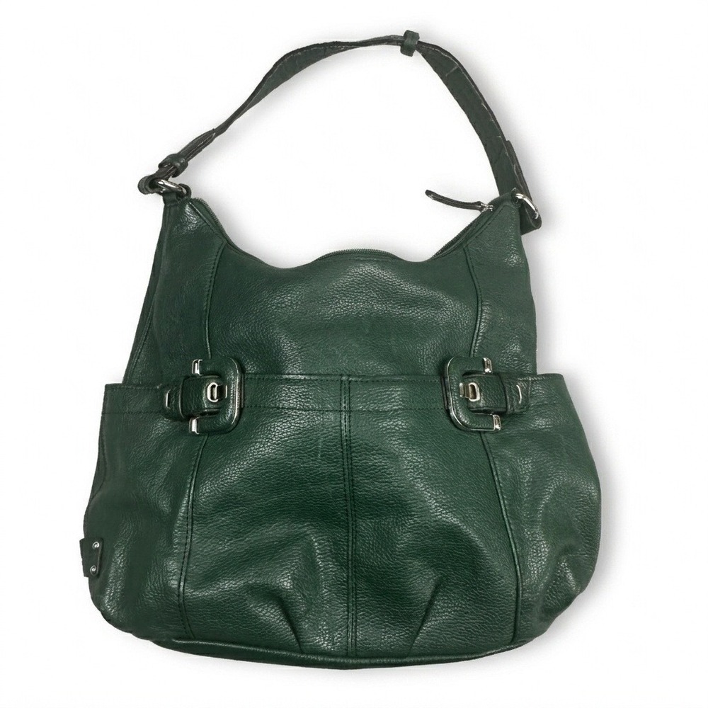 Tignanello Pebbled Leather Hobo Shoulder Bag Womens Green Silver Buckle Large